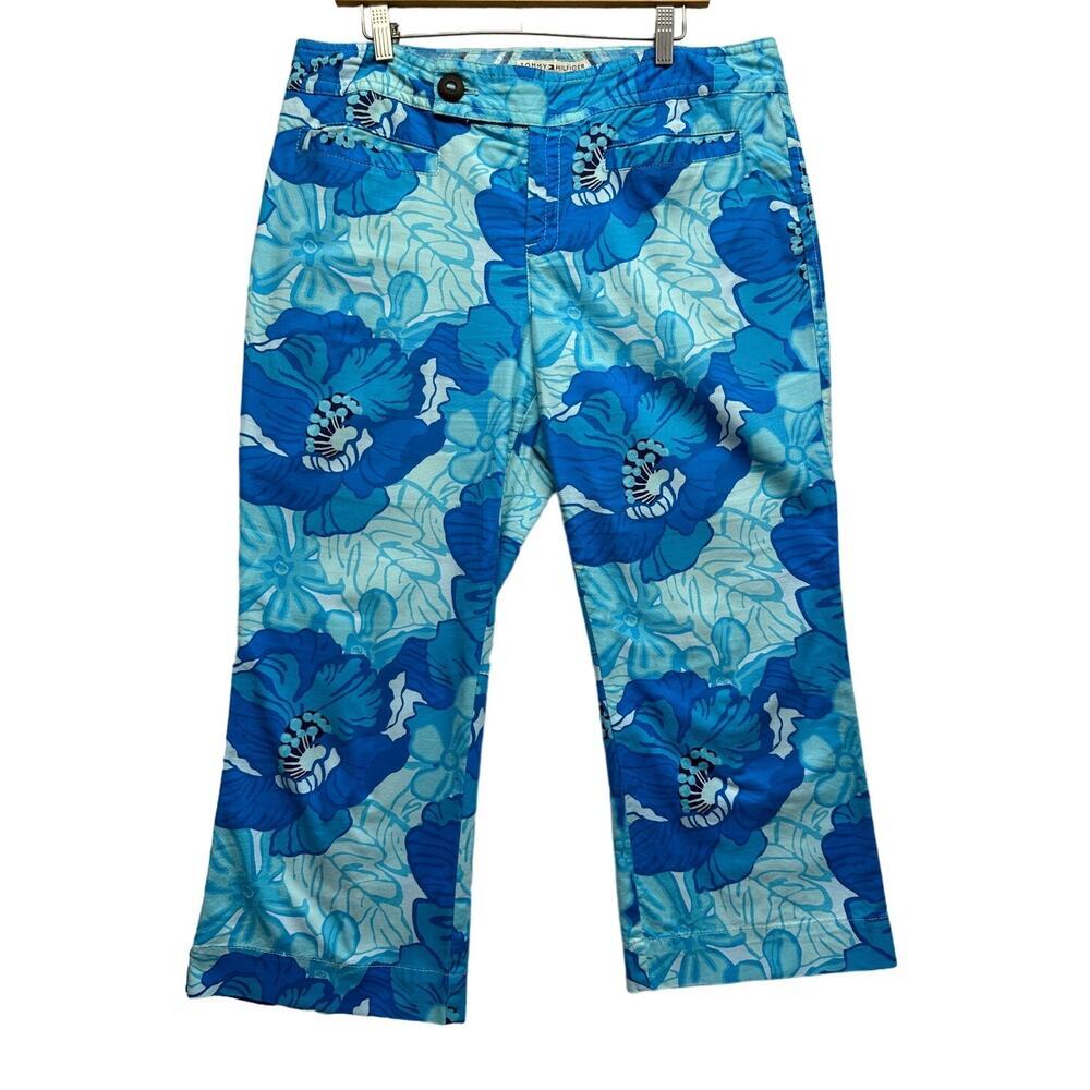Tommy Hilfiger Blue Green Hawaiin Crop Pants Women‎ Size 14 Stretch Beach Boho